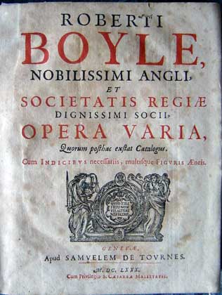 Image of title page of Boyle's works in Latin published by Samuel de Tornes in 1680