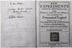 Title-page of the second edition of Boyle's New Experiments Physico-Mechanical, Touching the Spring of the Air, and its Effects (1662).